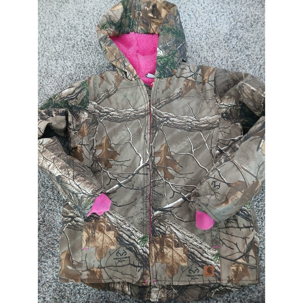 Carhartt Jacket Girls 14 Kids Canvas Camo Real Tree Fleece Lined Hooded